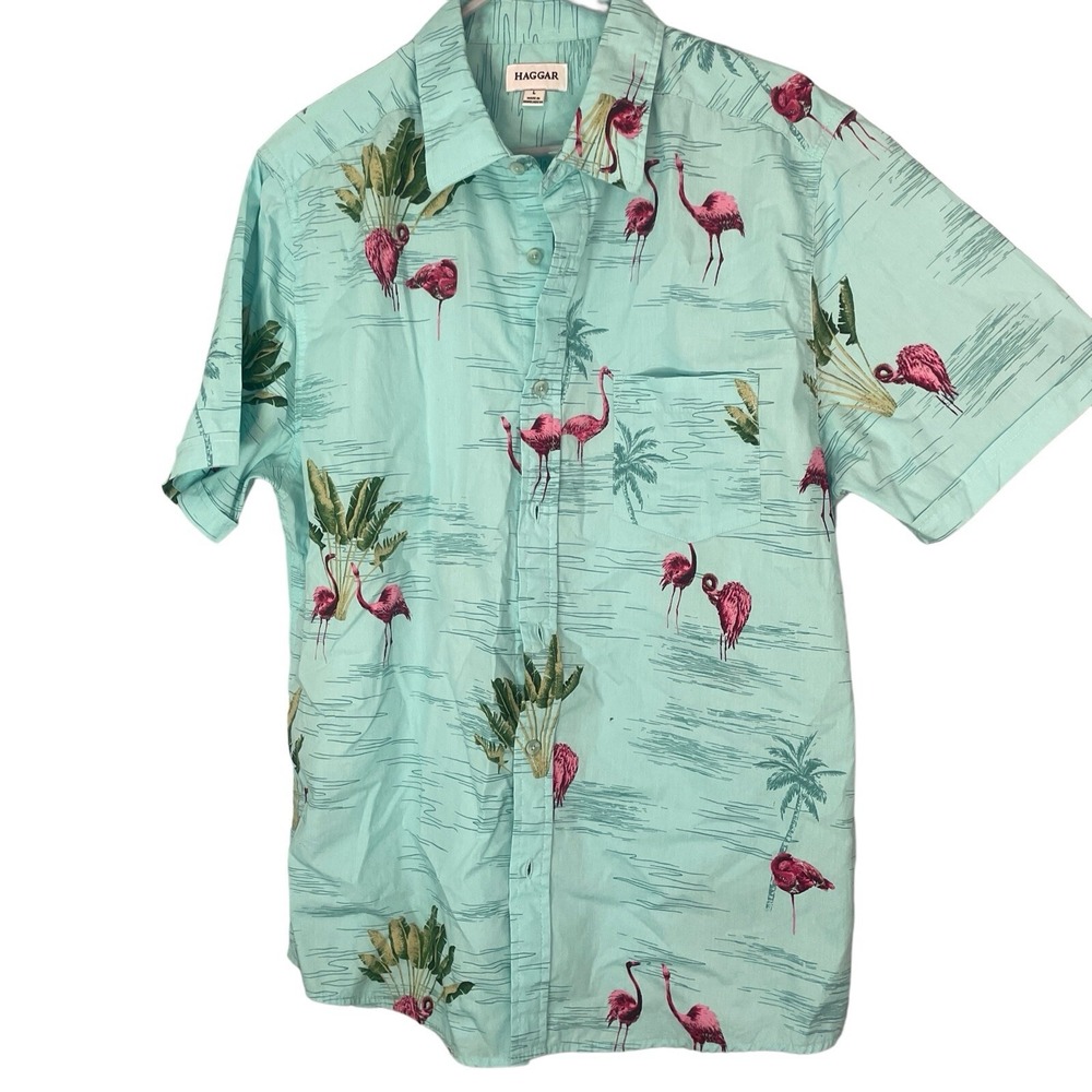 Haggar Men's Blue Button-Down Short Sleeve Flamingo Print Sport Shirt